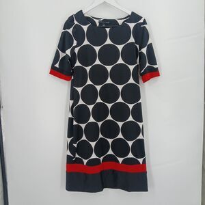 womans Madison Leigh Black & White Polka Dot Shift Dress Red Hem Size 12